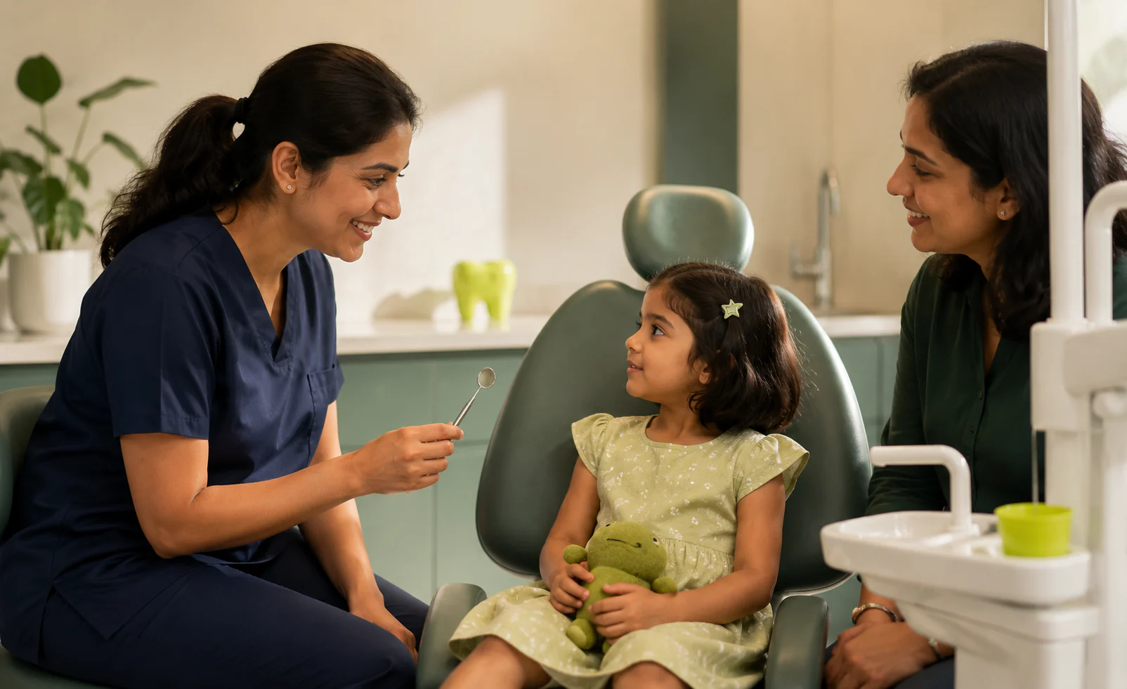 Dentist helping a child feel comfortable during a first dental visit
