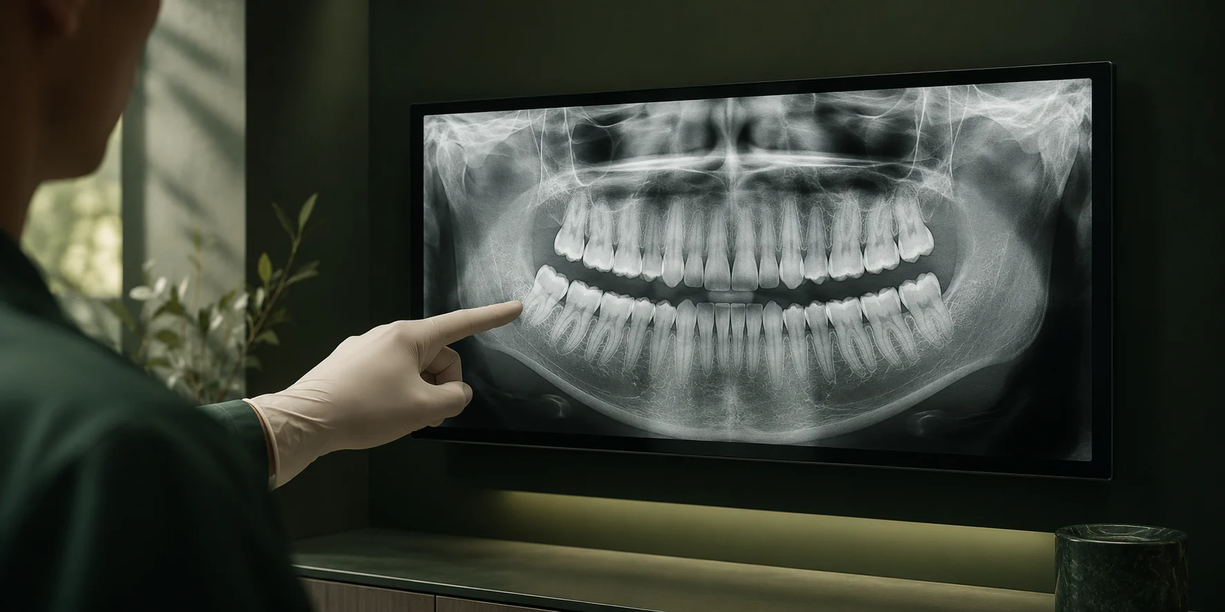 Dentist indicating a wisdom tooth position on a panoramic dental X-ray